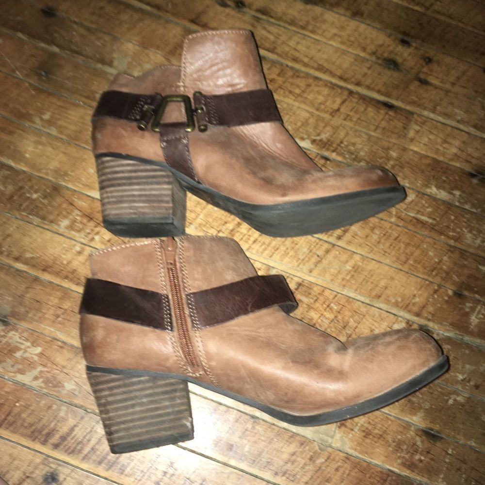 Aldo tan helmed booties with dark brown buckled strap